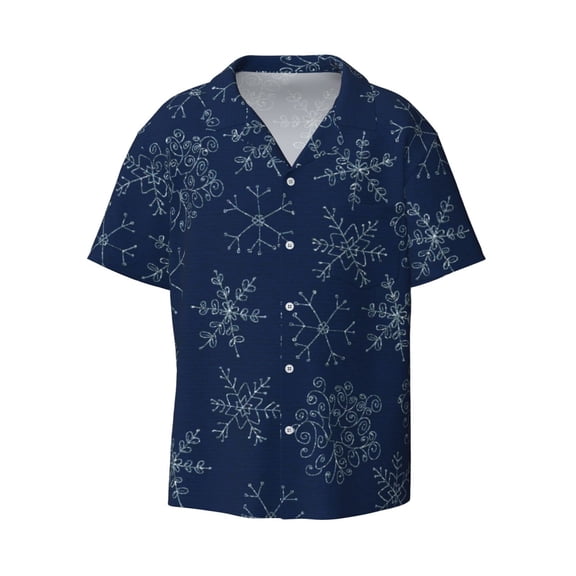 Naloa Snowflake Dark Blue Men's Loose Fit Cuban Collar Short-Sleeve Shirt with Button-down and Chest Pocket for Everyday Wear Outings - Small
