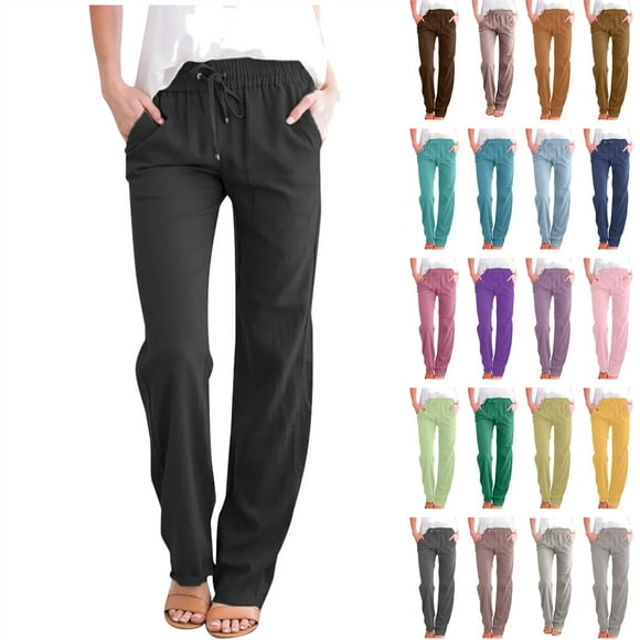 QATAINLAV Cotton Linen Pants for Women 2025 Casual Straight Leg Drawstring Elastic Hight Waist Trousers Loose Fit Palazzo Pants with Pockets Purses for Women Clearance Gray XXL