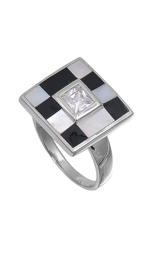 Checkered Style Princess Cut Center Cubic Zirconia Ring Sterling Silver 925 Size 6