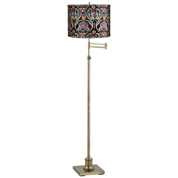 360 Lighting Chic Style Swing Arm Adjustable Floor Lamp 70" Tall Antique Brass Embroidered Drum Shade for Living Room Reading House