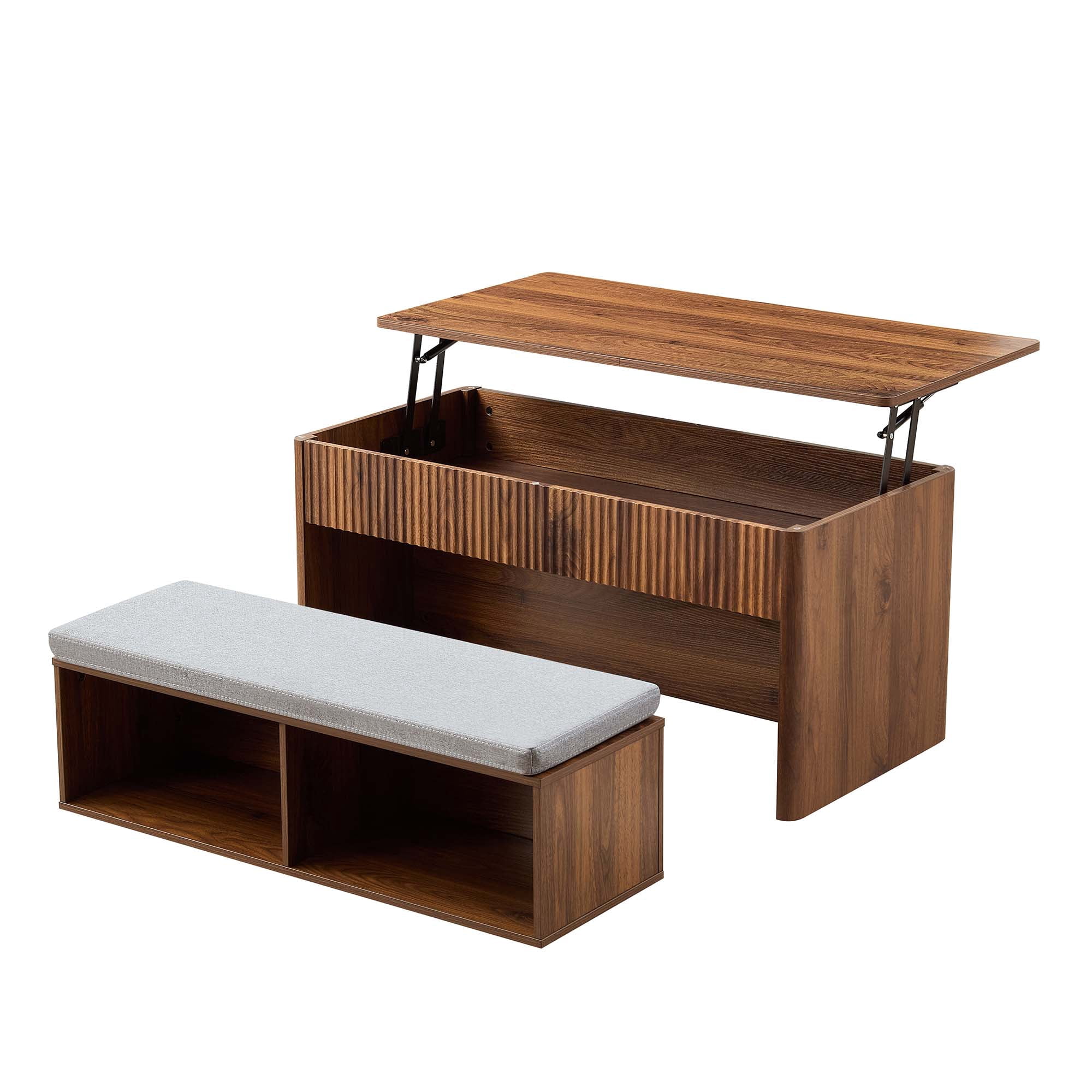 Spruce & Spring 39" Lift Top Coffee Table with Nesting Bench & Storage, Fluted Wood Design, 4-in-1 Convertible Center Table for Living Room & Small Spaces, Walnut