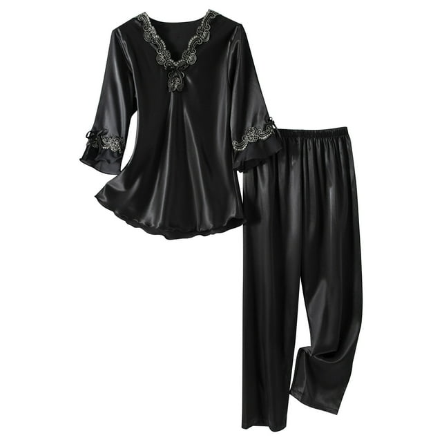 Mefallenssiah Women Sexy Taste Comfort Strap Lace Patchwork top Add Long Set Pajamas