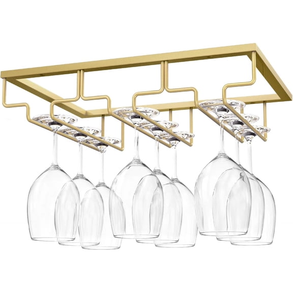 Wine Glass Rack - Under Cabinet Stemware Wine Glass Hanger Rack Holder for Bar Kitchen Cabinet, 3 Rows - Gold