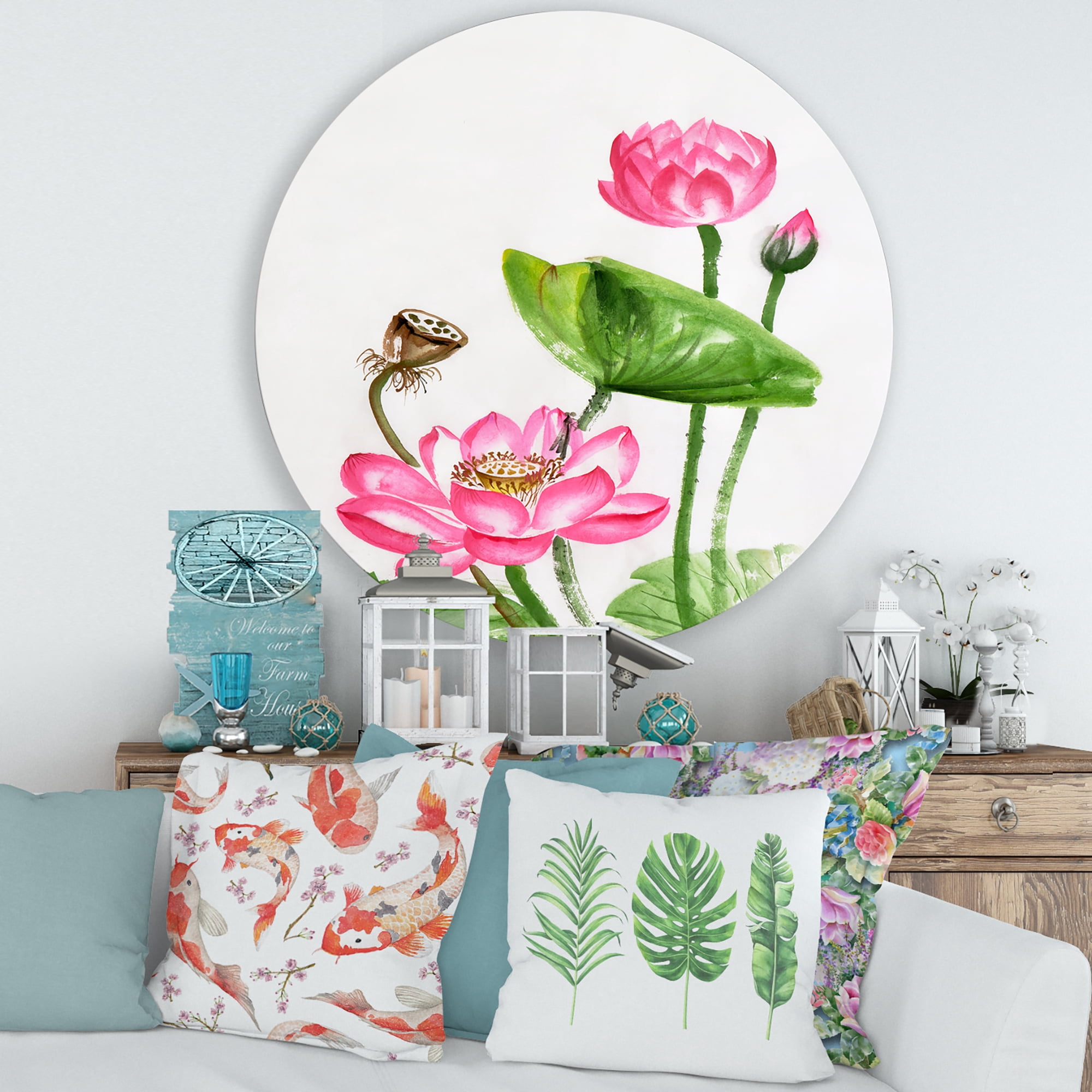 Designart 'Ancient Pink Lotuses In The Pond III' Traditional Circle Metal Wall Art 36x36 - Disc of 36