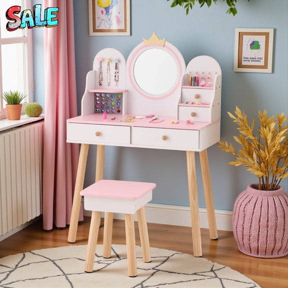 Tcbosik Princess Vanity Set in White Pink, Crown Design Makeup Table with Mirror and Stool, Four Drawer Storage, Bedroom Play Vanity Furniture