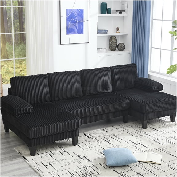 JERFIT Modern U-Shaped Sectional Sofa with Double Chaise, 4-Seater Velvet Fabric Couch for Living Room, Spacious Modular Sofa with Oversized Seating, Black