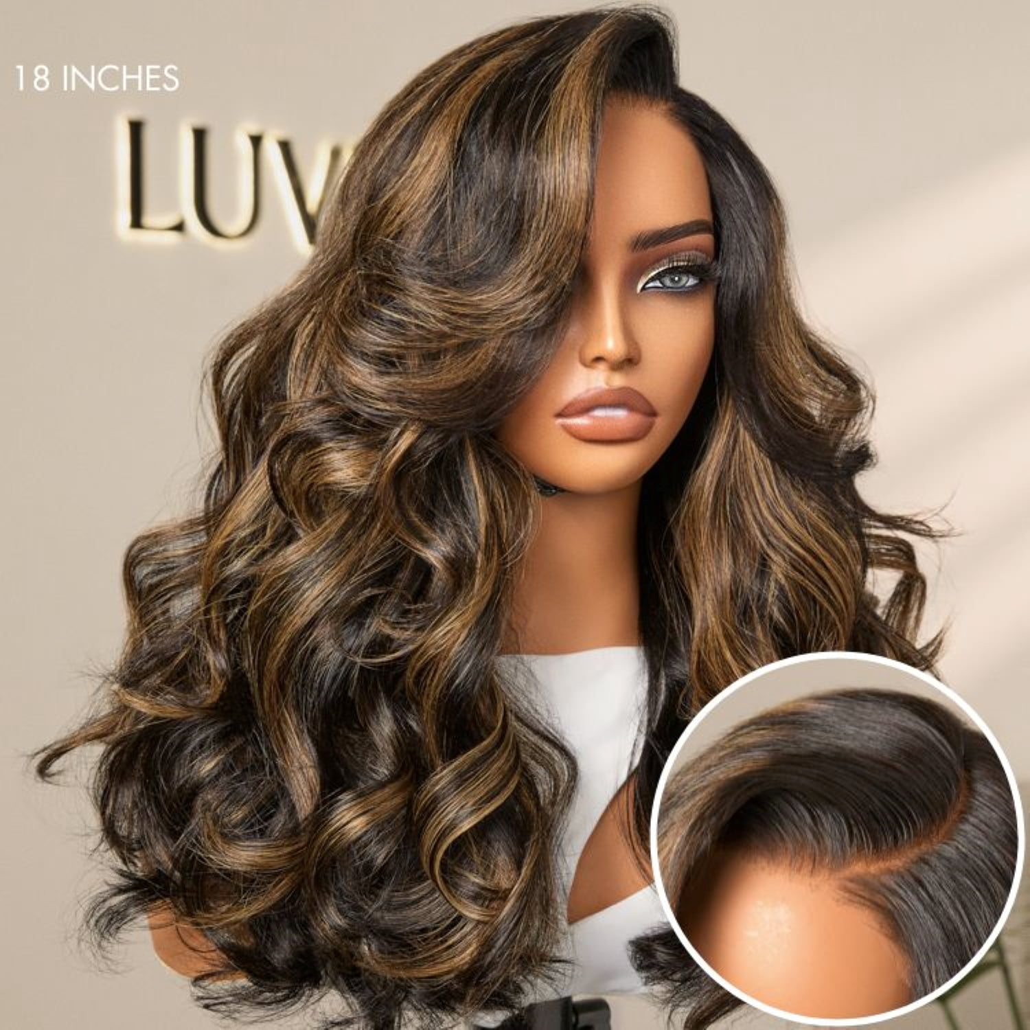 LUVME All-Day Comfort™ Wig 200% Density Voluminous Loose Body Wave Glueless Minimalist HD Lace Wig Pre-Cut Lace 14" Brown Higlight 1 pc for Woman