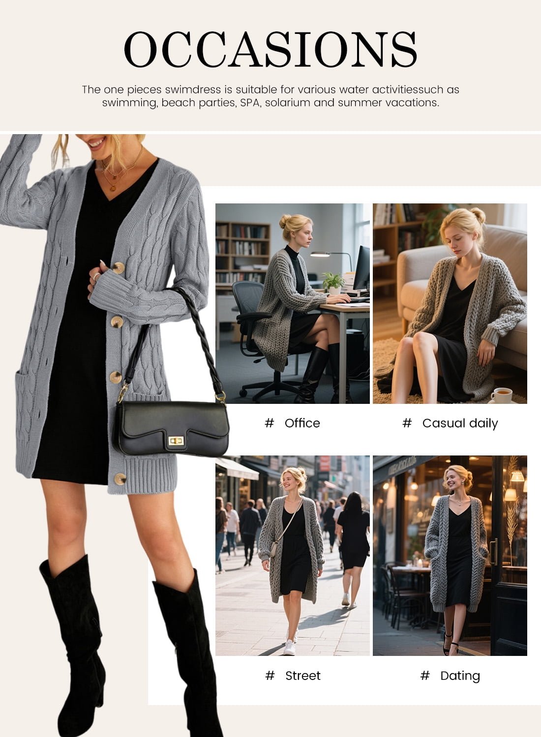 DOKOTOO Womens Cable Knit Cardigan with Pockets Button Down Gray Chunky Cardigans Open Front Loose Plus Size Sweater Outerwear for Work Spring Fall Winter Size Large US 12-14
