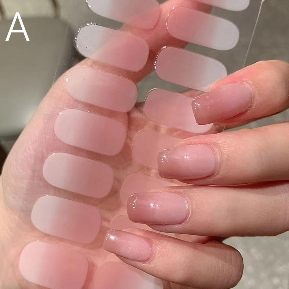 16Tips Pure Color Semi Cured Gel Nail Patch Strips Transparent UV/LED Lamp Gel Nail Polish Wraps French Full Cover Gel Sticker
