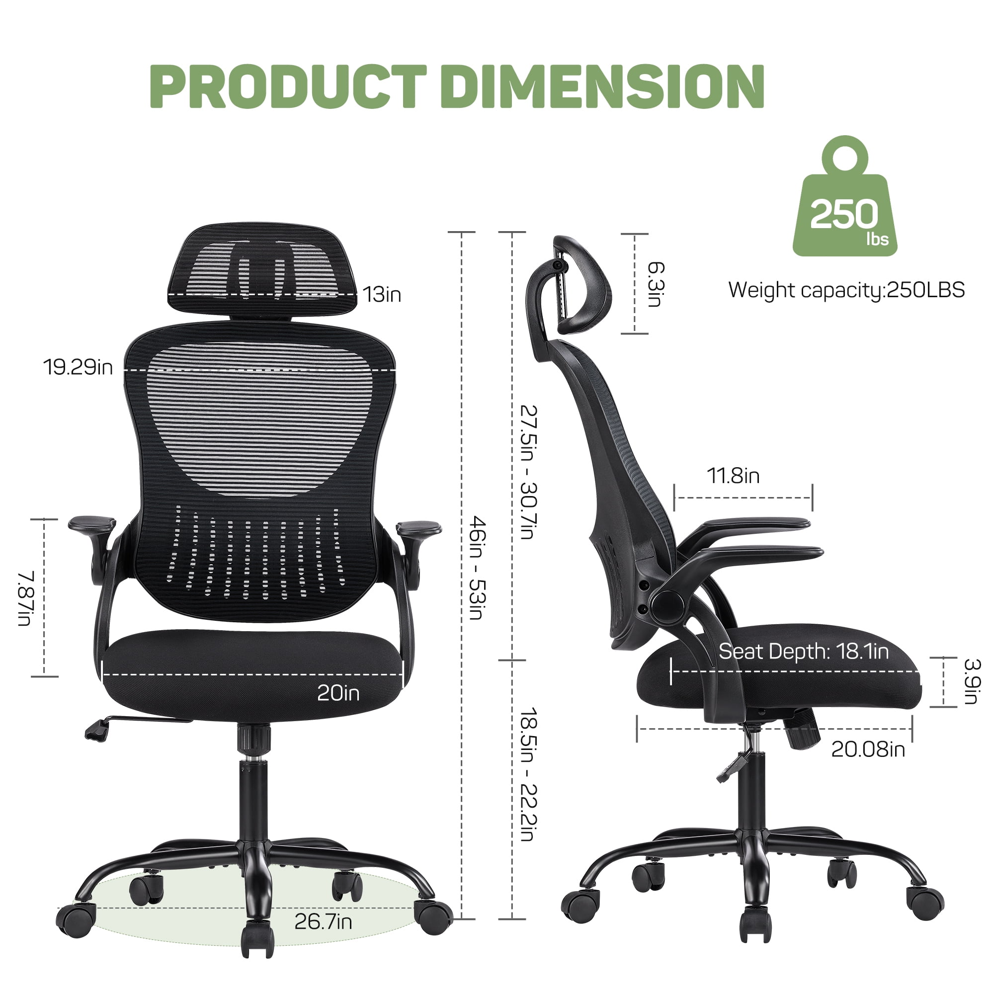 Ergonomic Office Desk Chair, High-Back Mesh Computer Chair with Adjustable Headrest, Lumbar Support, Flip-Up Armrests, Swivel Rolling Task Chair for Home Office, Black
