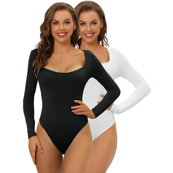 NOMADIC NOOK Women's Long Sleeve Bodysuit Shapewear Slim Fit Stretchy Square Neck Leotard Jumpsuit 2 Packs