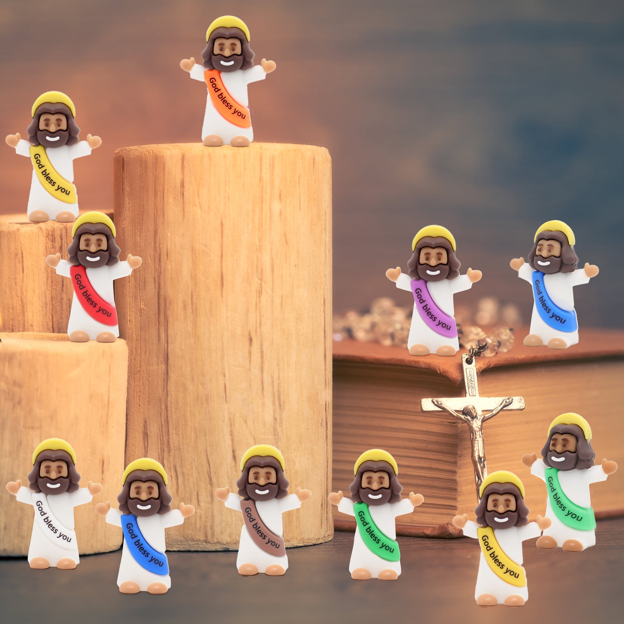 100PCS Mini Jesus Figurines Christian Decorations With "God Bless You, " Perfect For Jesus Challenge, Party Props, Religious Favors, Church Events, And Easter Gifts-Brown