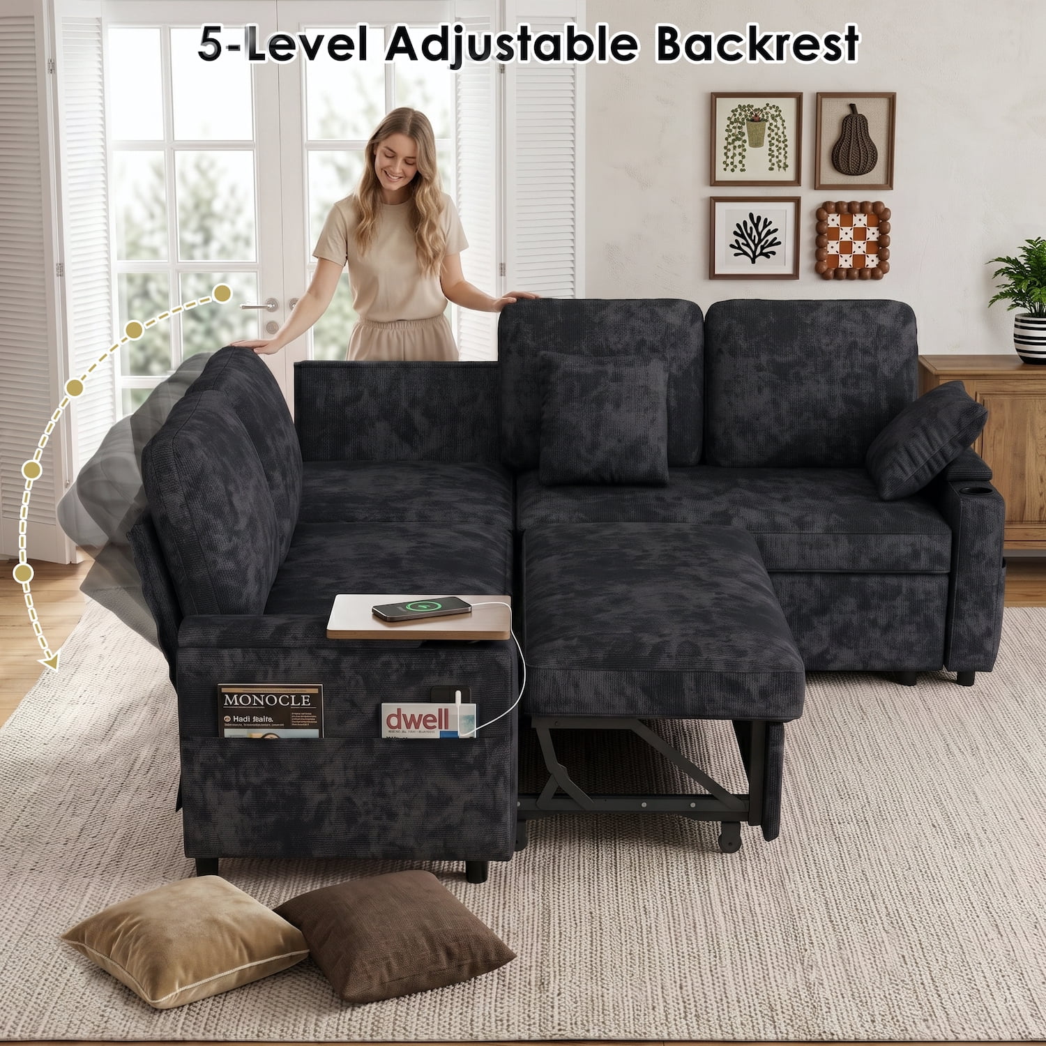 Xiweot 81" Modular Sectional Sleeper Sofa with Pull Out Couch, L Shaped Sofa Bed with Storage, Adjustable Backrest, USB Ports & Small Table, 5 Seaters Chenille Sofa for Living Room (Black)