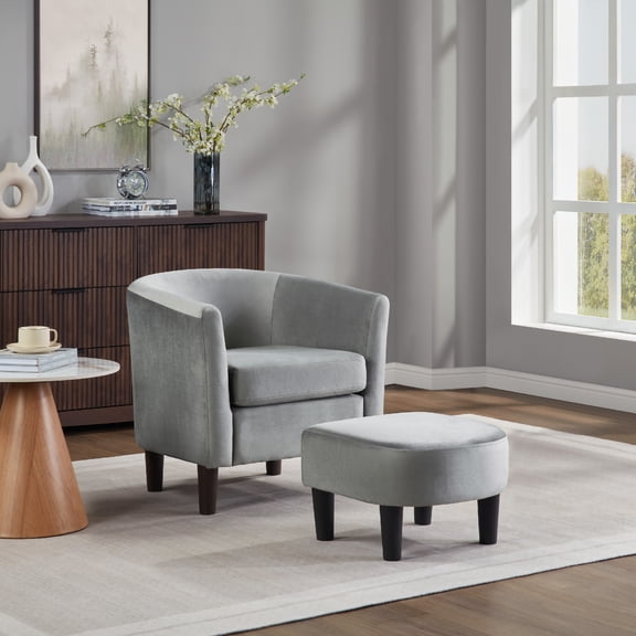 MAYEERTY Velvet Accent Chair with Ottoman, Gray Barrel Chair for Living Room/Bedroom