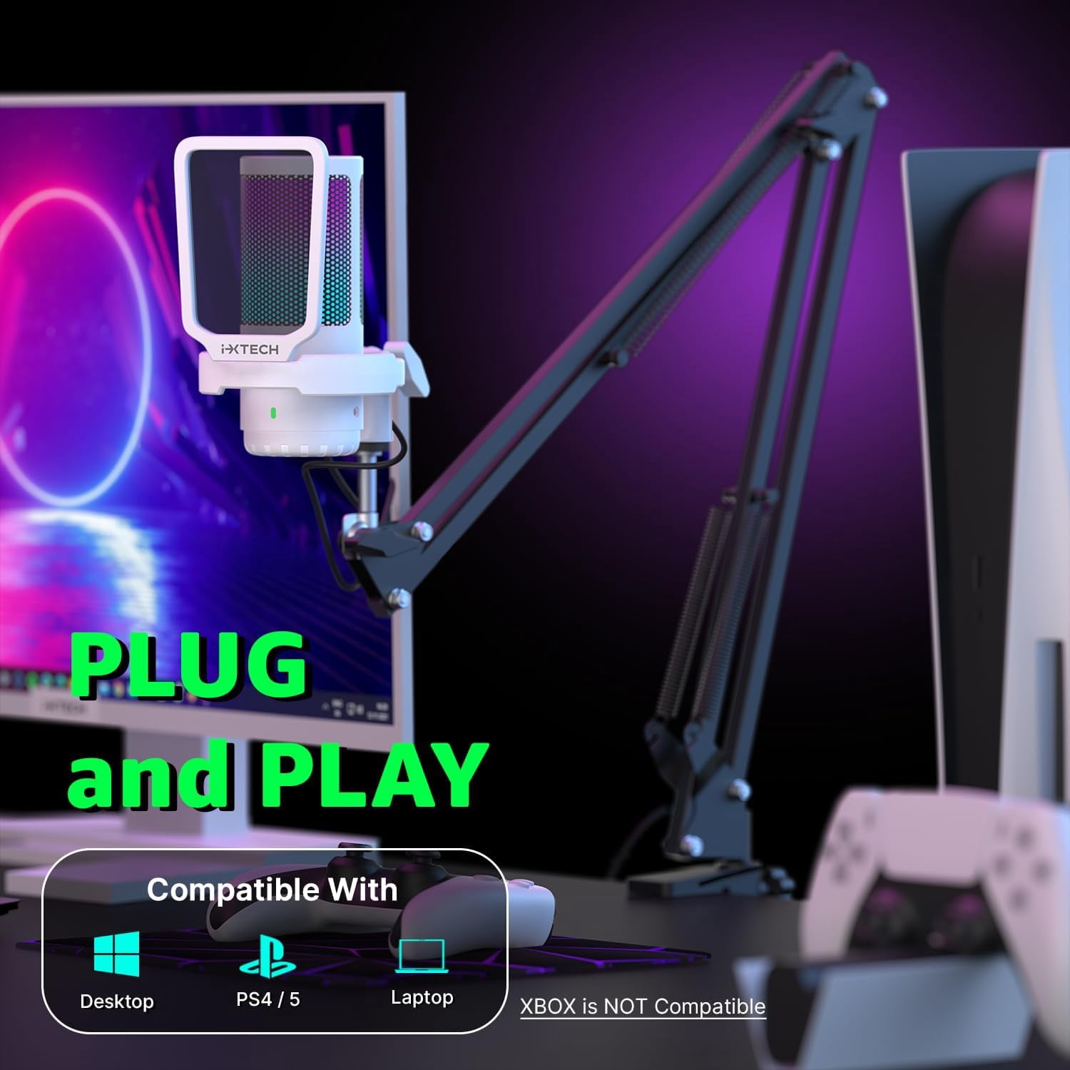 IXTECH Gaming Microphone for PC with Boom Arm, Podcast Condenser Mic with Pop Filter, Quick Mute Button, Gain Knob, Mic Arm and Computer Mic with Gain Control for Streaming Podcasting Recording