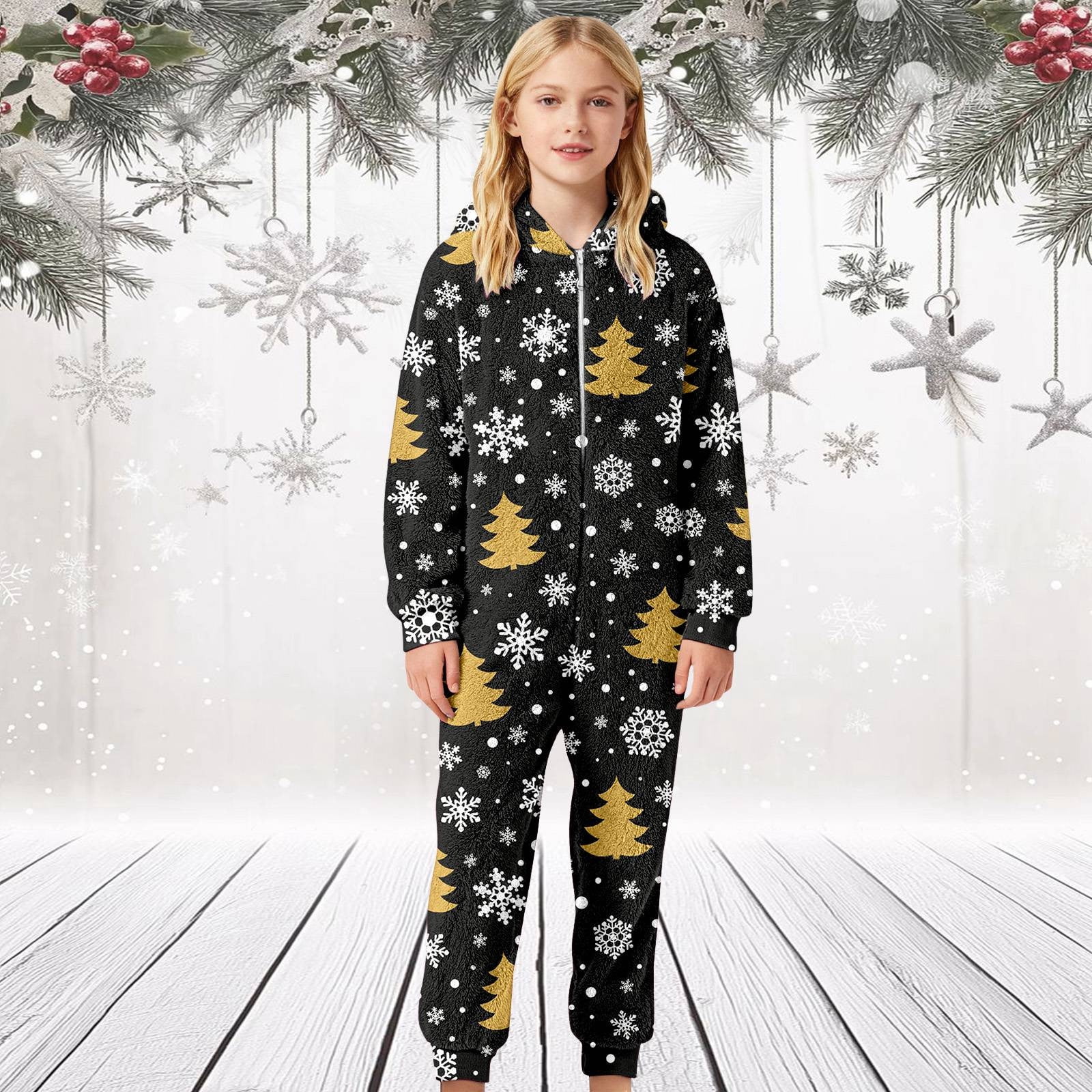 XDZJLR Flannel Christmas Onesie Pajamas For Kids Boys Girls Xmas Cozy Fleece Print Jumpsuit Hooded Romper Winter Holiday Outfit Soft Thermal Loungewear Toddler Kid Nightwear Black 9-10 Years