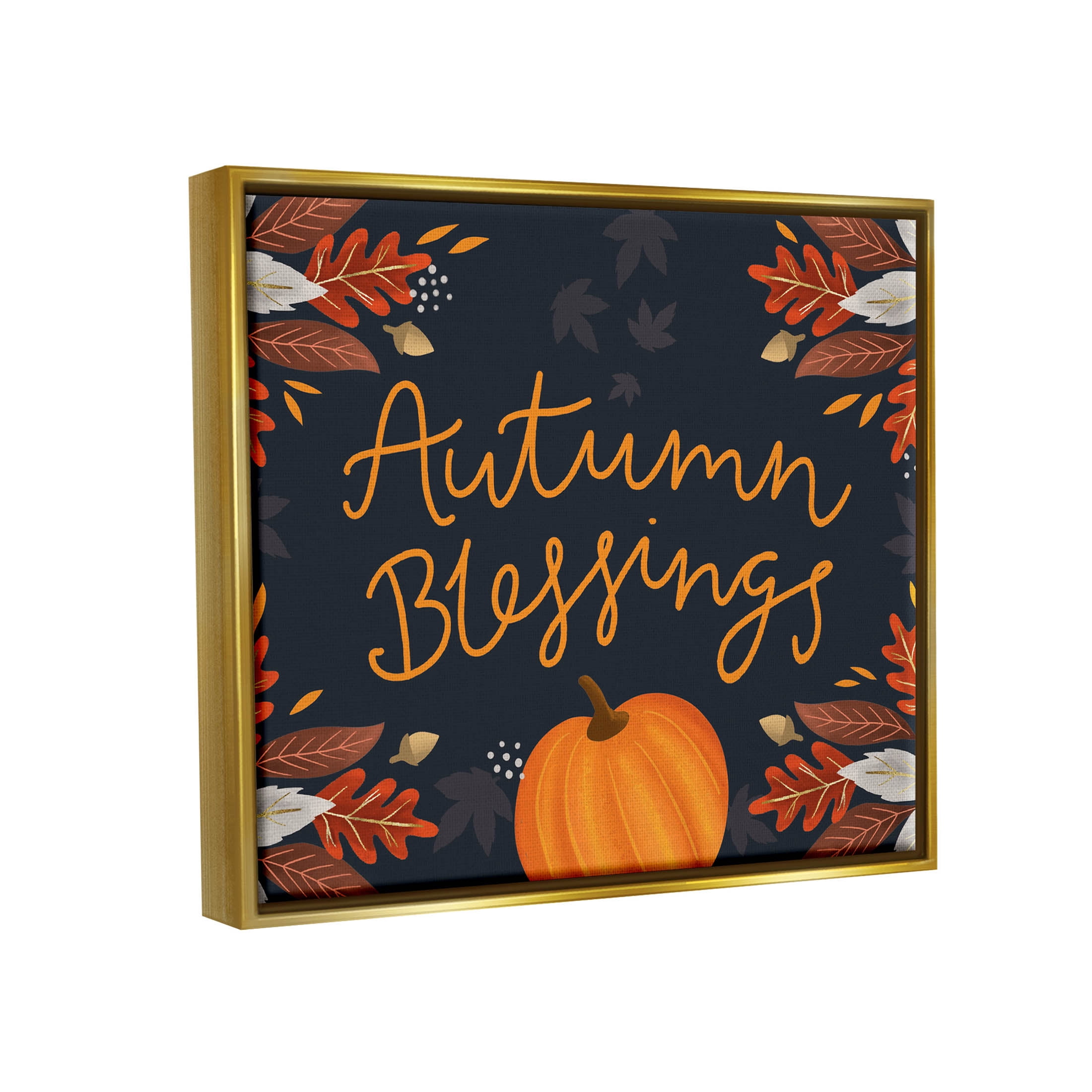 Autumn Blessings Fall Leaves Pumpkin Holiday Graphic Art Metallic Gold Framed Art Print Wall Art