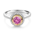 thumbnail image 2 of Gem Stone King 925 Silver and 10K Yellow Gold Pink Created Sapphire and White Lab Grown Diamond Halo Engagement Ring for Women (0.67 Cttw, Gemstone September Birthstone, Round 5MM, Size 7), 2 of 3