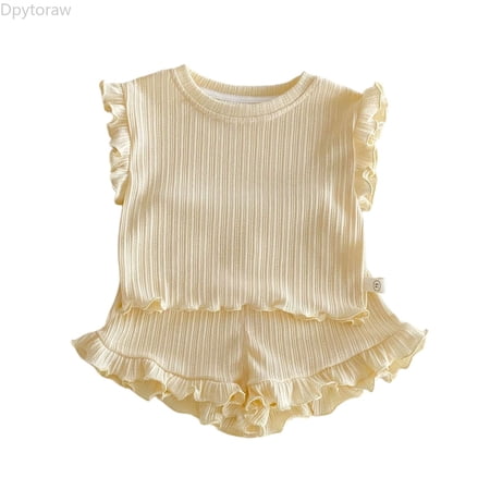 Dpytoraw Summer Girls Outfits 2 Piece Stretchy Solid Color Tank Top With Ruffle Trim And Elastic Waist Shorts Toddler Casual Playwear Girls Cotton Shorts Sets Size 3-4 Years