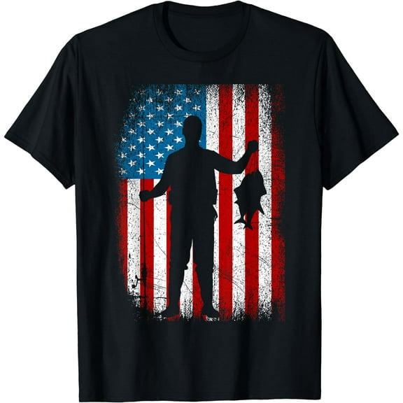 Distressed American US Flag Vintage Fishing Shirt Men Boys T-Shirt Black X-Large