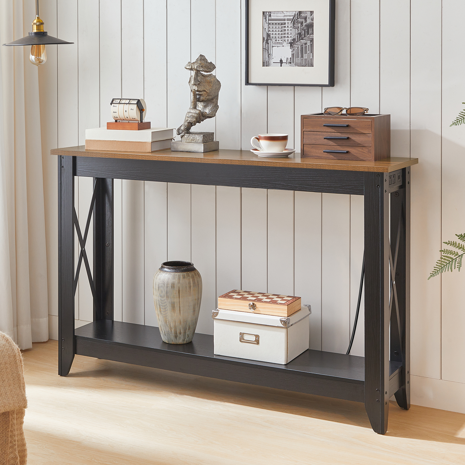 HOOBRO Industrial Multifunction with Power Socket, Outlets and USB Ports Engineered Wood Console Table, Black Walnut