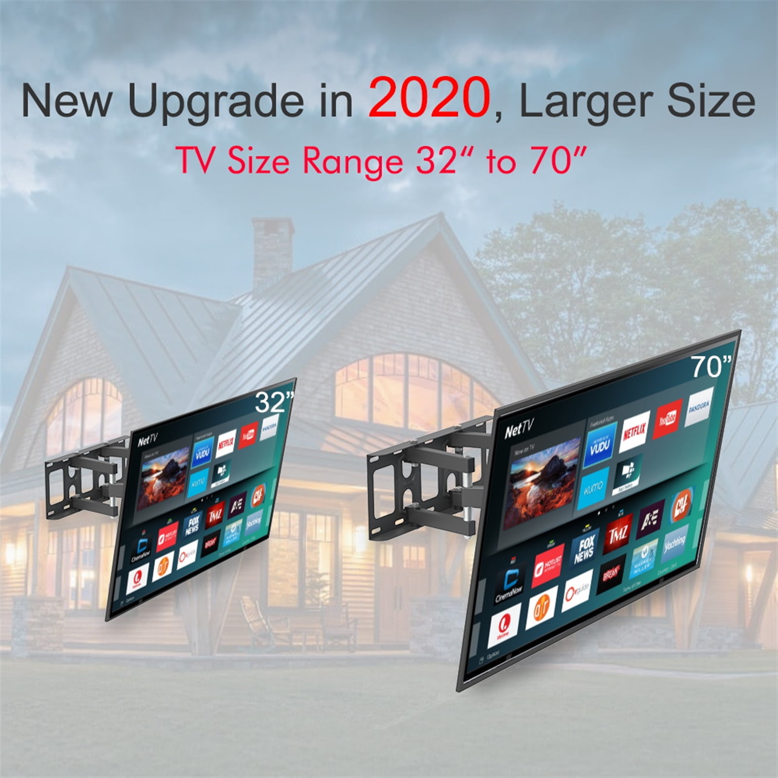 Full Motion TV Wall Mount for 32 to 70 Inch TVs Heavy Duty Double Swing Arm Articulating Bracket Tilt Swivel Extend Max Load 110 Lbs VESA 600x400 Large Base for Living Room Home Theater Gaming Setup