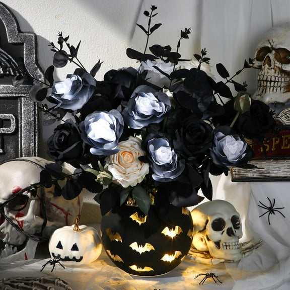 Halloween Vases for Flowers - Black Vase with Light String and Glass Cup, Halloween Home Centerpiece Decor