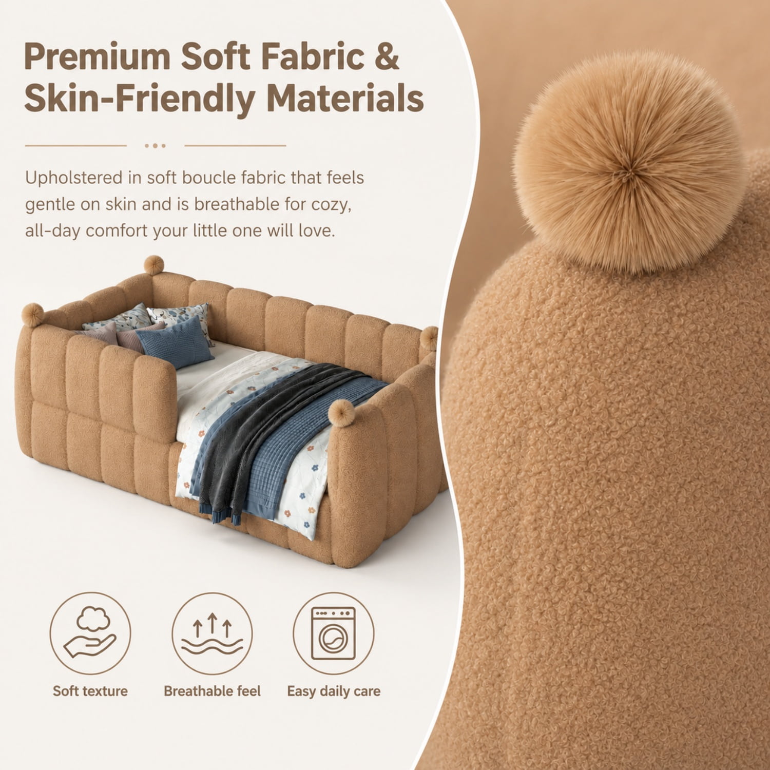 Miniyam Twin Size Kids Floor Bed with Soft Upholstered Guardrails, Low-to-Ground Montessori Bed Frame, Natural
