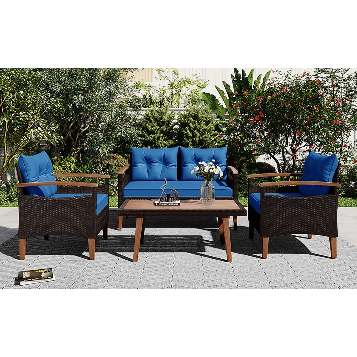Kepooman 4-Piece Garden Furniture, Patio Seating Set with Cushions, Blue Kepooman 4-Piece Garden Furniture, Patio Seating Set with Cushions, Blue