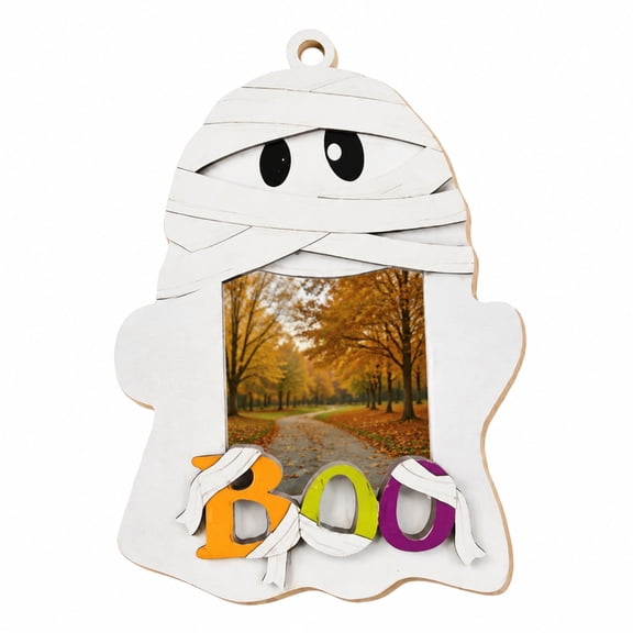Kieccall Halloween Ghost Wooden Picture Frame Cute Spooky Shape, Ghost Shaped Photo Frame with Stand and Hanging Rope, Tabletop Ornament Wall Hanging Decor for Halloween Party Home