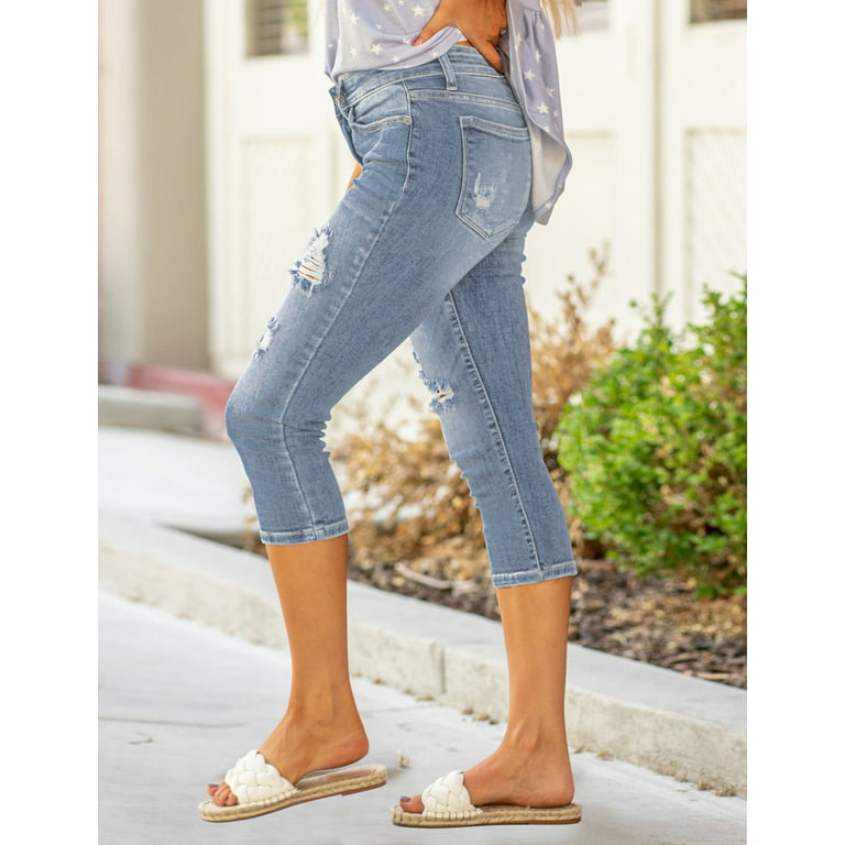 luvamia Women's Stretch Soft High Waisted Capri Pants Ripped Denim Capri  Jeans, L, Fit Size 12 Size 14
