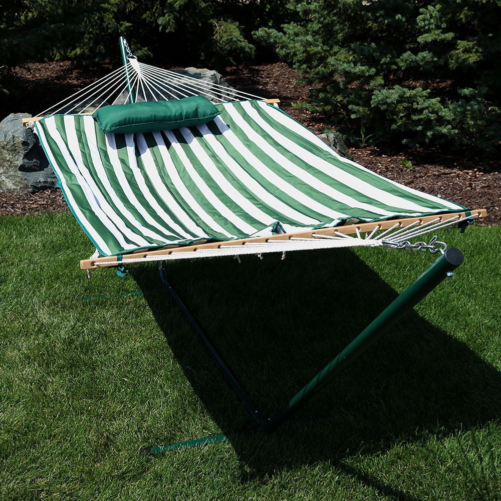 Sunnydaze Cotton Rope Freestanding Hammock with 12 Foot Portable Steel Stand and Spreader Bar Indoor or Outdoor Use Desert Stripe Pad and Pillow Included