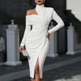 thumbnail image 5 of Dvprdro Womens Party Evening Midi Dress Asymmetric High Neck Long Sleeve Ruched Side Slit Fitted Solid, 5 of 5