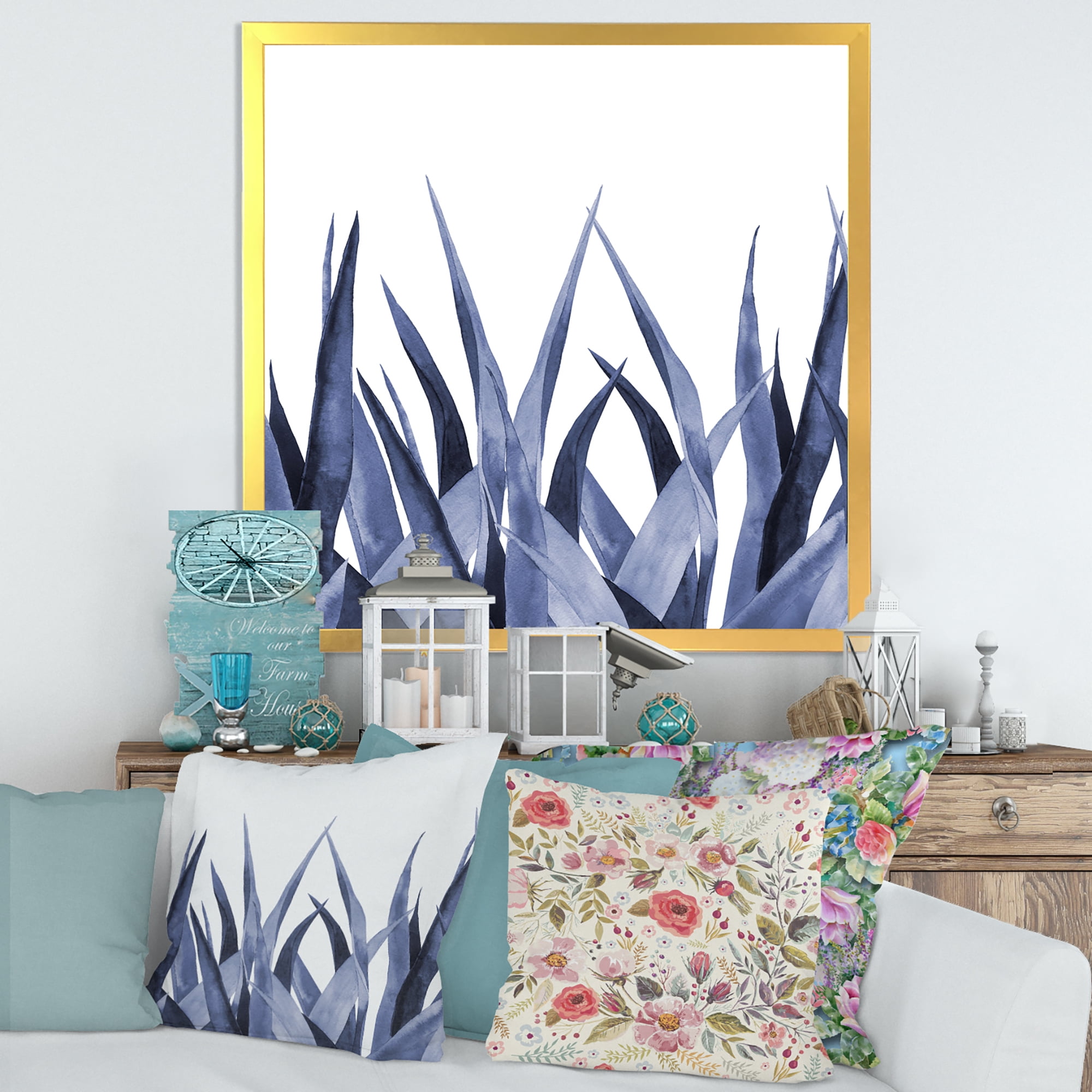 Designart 'Close Up Navy Blue Agave Leaves' Traditional Framed Art Print