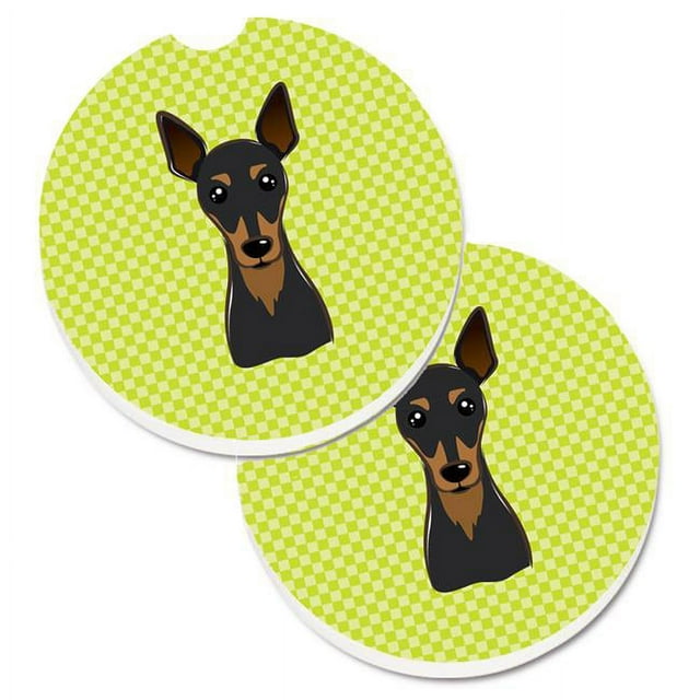 Carolines Treasures BB1302CARC Checkerboard Lime Green Min Pin Set of 2 Cup Holder Car Coaster