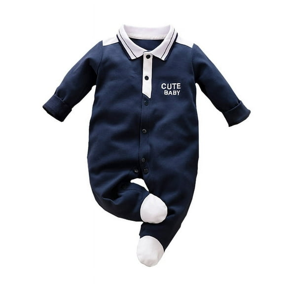 Kucnuzki Newborn Baby Boys Bodysuits Baby Boys Romper Fall Lapel Long Sleeves Jumpsuit Autumn Button Letter Print One-piece Blue NB
