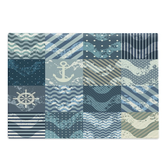 Nautical Cutting Board, Marine Theme Wave Patterns in Patchwork Style Boxes Squares Striped Anchor Print, Decorative Tempered Glass Cutting and Serving Board, Large Size, Blue Beige, by Ambesonne