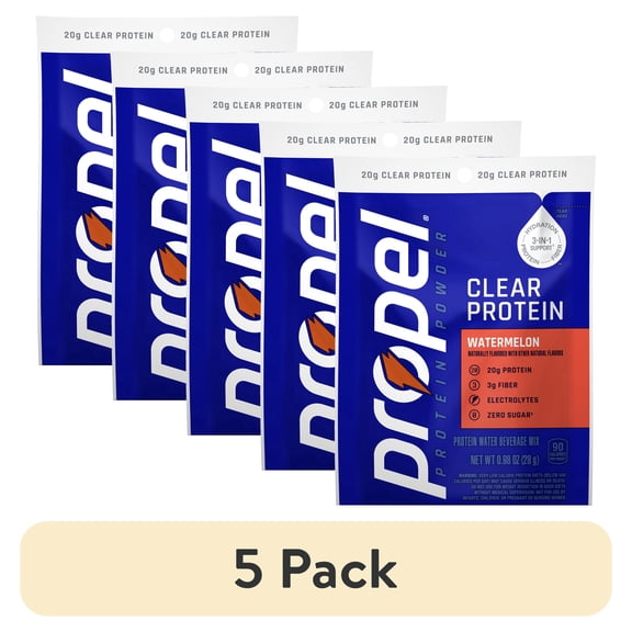 (5 pack) Propel Clear Protein, 20g Protein, Zero Sugar, Watermelon, Powdered Clear Protein Drink Mix, 0.98 oz