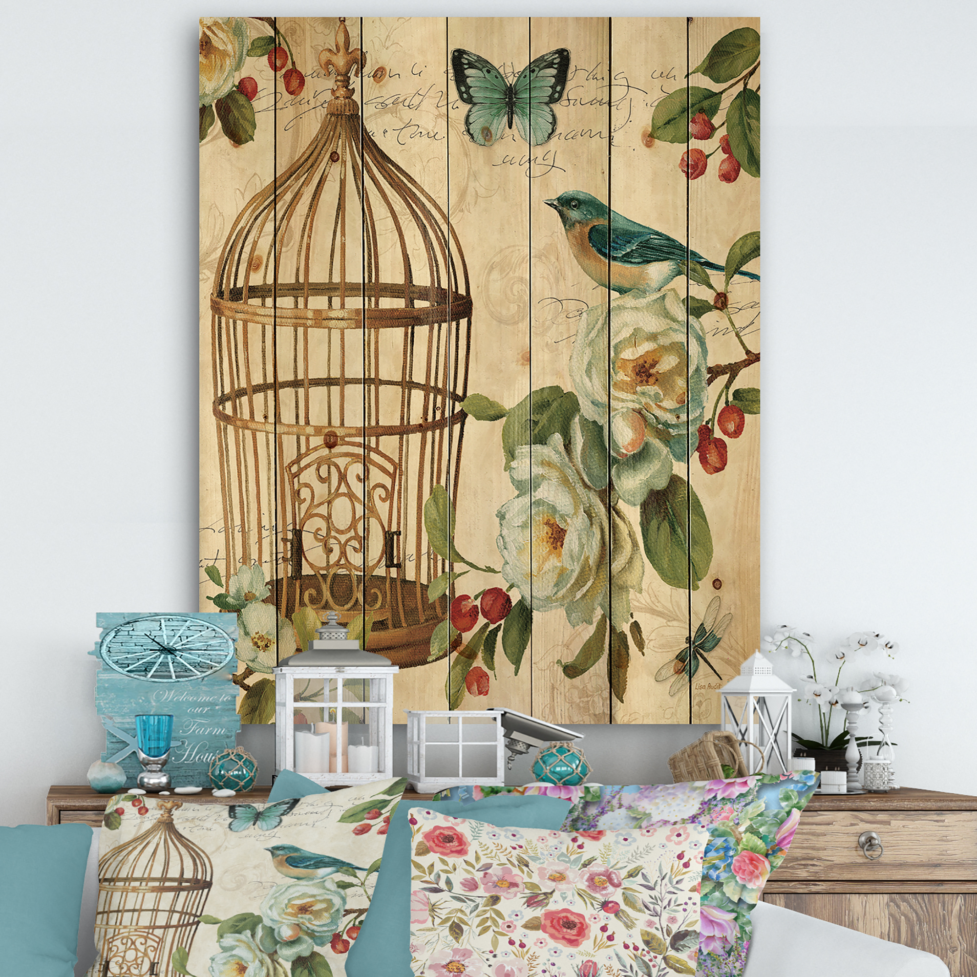 Designart 'Birdcage, Blue Cottage Bird and Apple Blossoms I' Floral and botanical Print on Natural Pine Wood