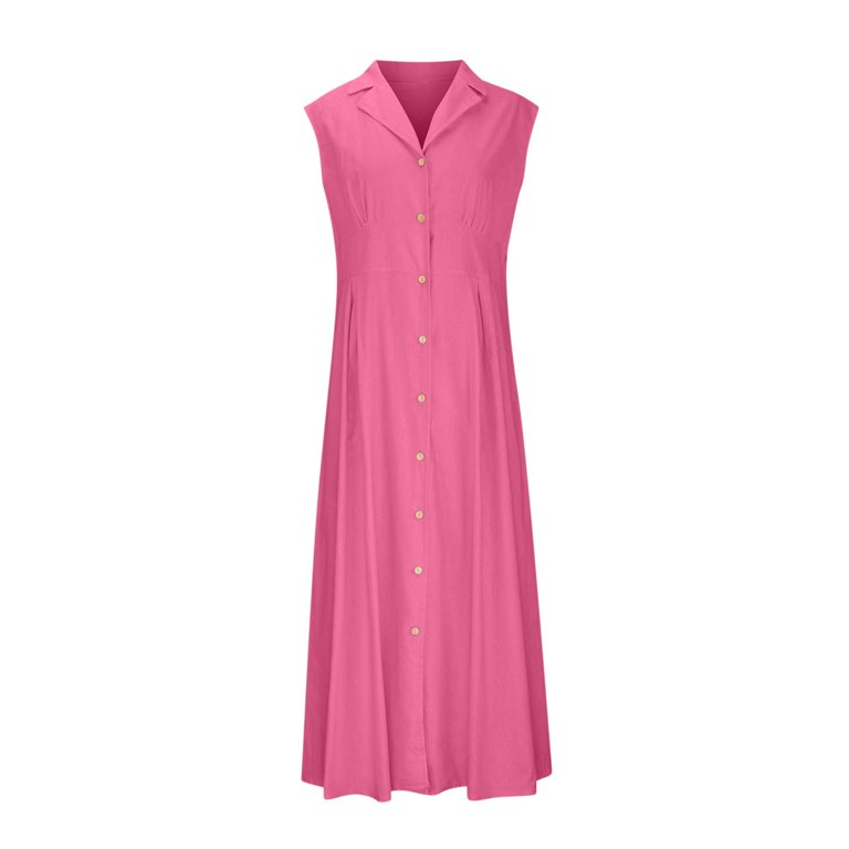 Uveasisha Womens Sleeveless Maxi Dress Cotton Linen Collared Button Down Shirt Dresses Flowy Pleated Business Work Dresses Hot Pink XL, Women's