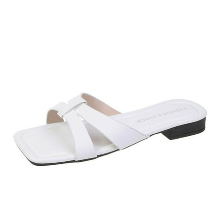 

Slippers For Women Womens Shoes Summer Slippers Soft Sole Flat Fashion Casual Square Toe Outer Beach Sandals Pu White 38
