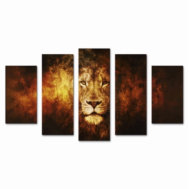 Cuadro Decorativo León De Fuego Juego De 5 Piezas 150x80cm Ideal Para Sala Oficina Recámara Decoración Moderna