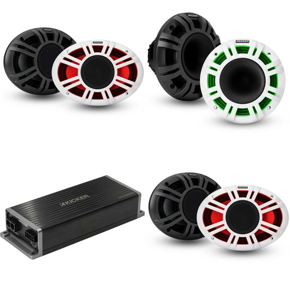 Kicker Marine KPX300.4 Powersports Amp & 6.5",  6x9" HLCD Marine LED Speakers