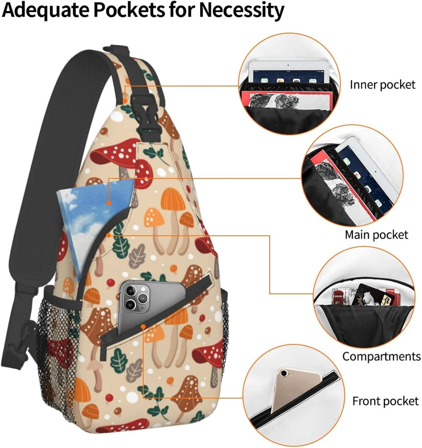 Cute Mushroom Sling Bag Crossbody Hiking Travel Chest Bags Backpack Shoulder Daypack for Women Men