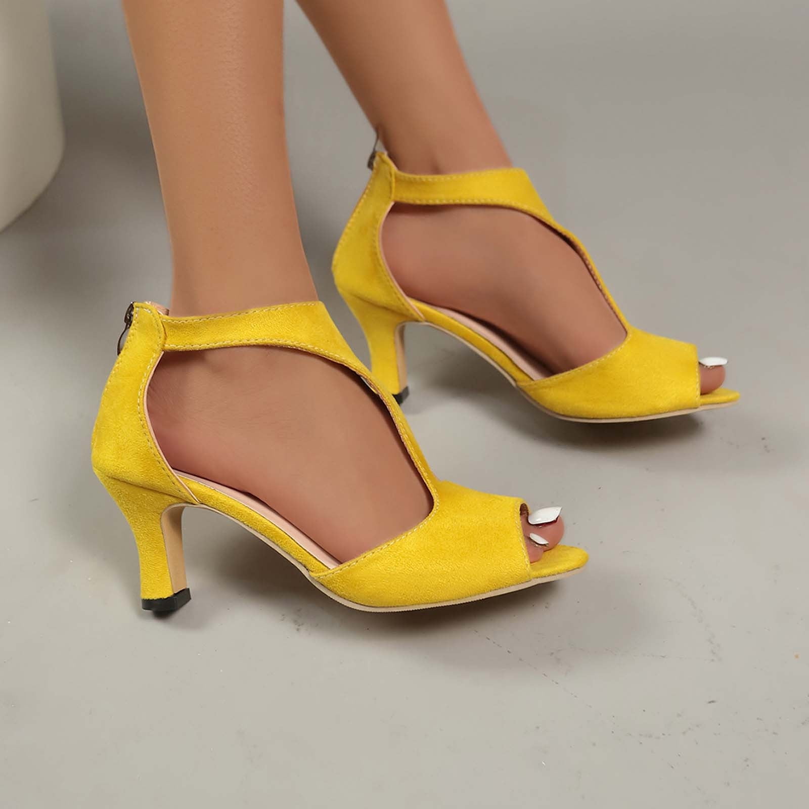 KIJBLAE Women Peep Toe Chunky Heel Sandals Yellow Suede Ankle