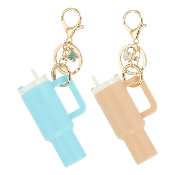 Uxcell Mini Cup Keychain, 2Pcs Mini Tumbler Keychain Lip Balm Holder Cute Cup Charm for Women Handbags Backpack, Khaki, Blue Butterfly