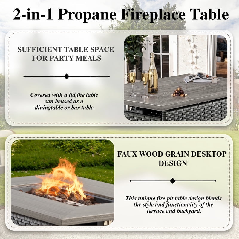 PARKWELL Outdoor Fire Pit 41" 50000 BTU Patio Propane Gas Fire Pit Table with Lava Rocks and Lid,Gray Wicker Firepit Faux Wood Tabletop
