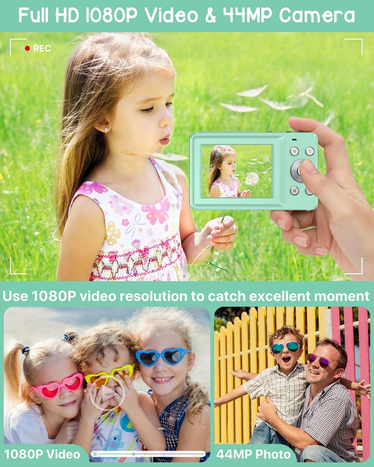 ACTITOP Digital Camera FHD1080P 44MP Portable Camera for Kids 2.4"LCD Screen Small Video Camera with 32G Card