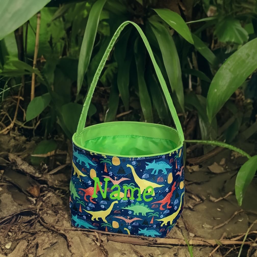 Dinosaur Easter Basket Bucket Fabric Tote Bag Toy Bin - Can Be Personalized or Monogrammed - Great Gift for Boy or Girl