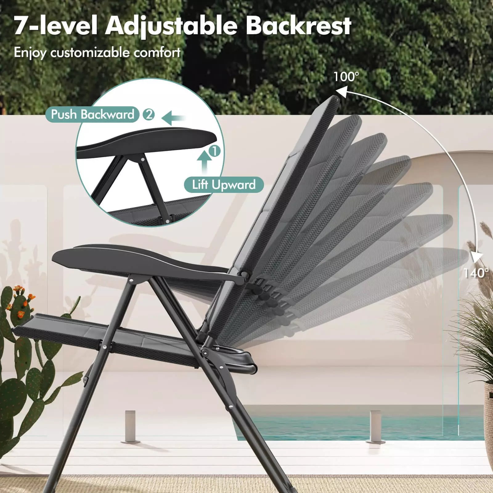 Auranook 2PCS Patio Folding Chairs Back Adjustable Reclining Padded Garden Furniture